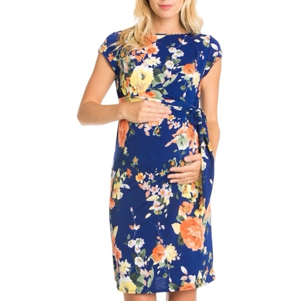 My Bump Maternity Tie Waist Short Sleeve Round Neck Floral Blue Dress‎ Medium